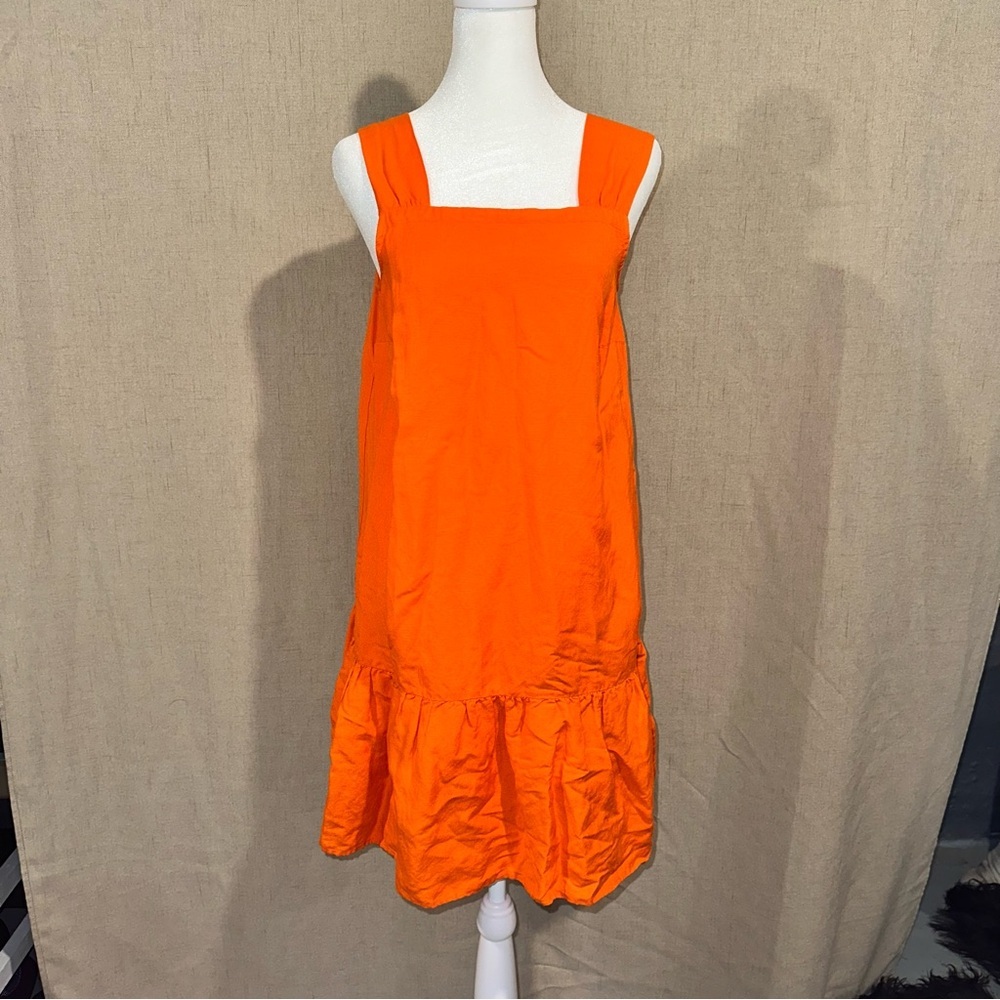 LOFT Linen Blend Orange Square Neck Flounce Tierred Dress Small